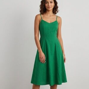 Banana Republic Green Linen Blend Midi Dress 6 fits 2/4 Smocked Back Strappy